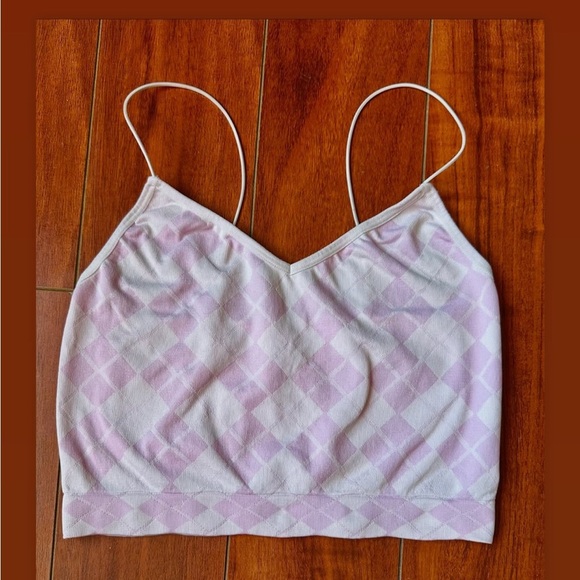 Ardene Tops - Pink and White Argyle Patterned Crop Top Tank Top with Spaghetti Straps